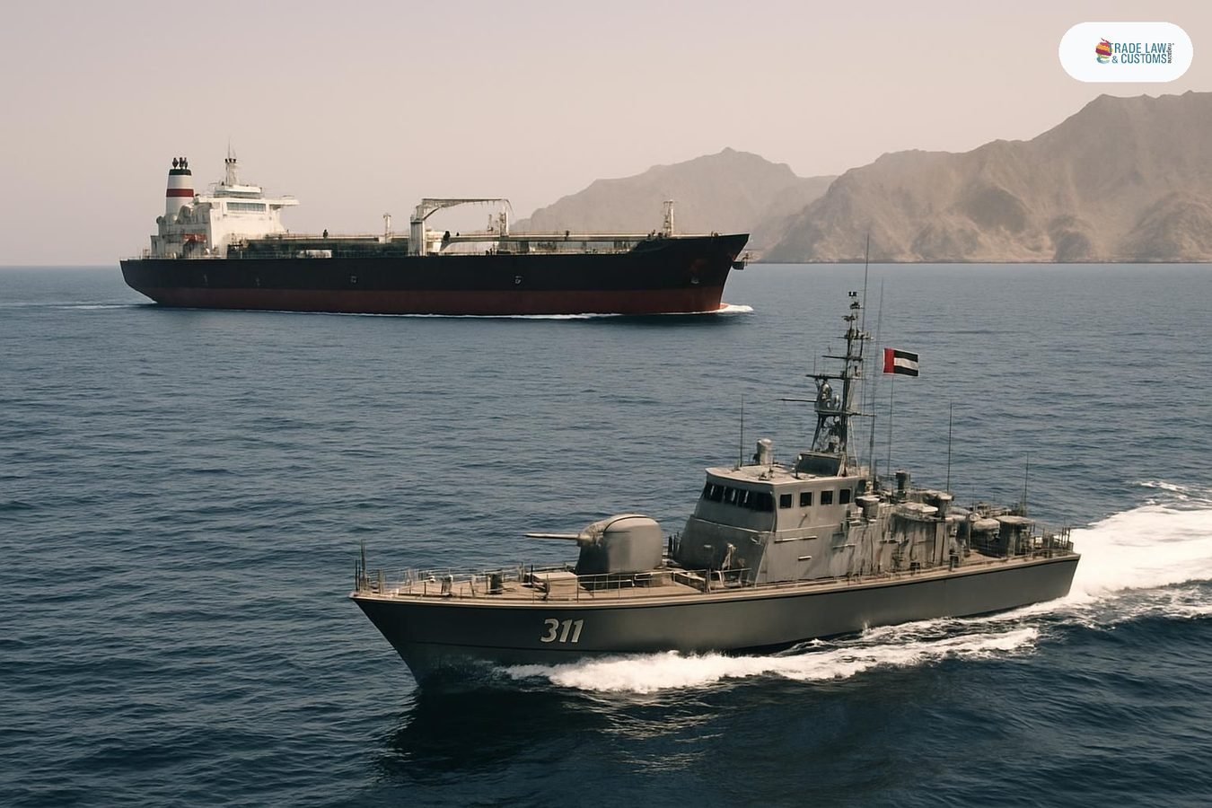 Buque petrolero navega el Estrecho de Ormuz con escolta naval bajo luz del mediodía.