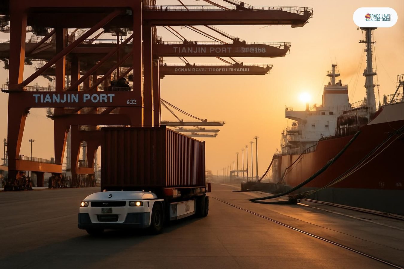 Vehículo autónomo transporta contenedor en terminal cero carbono del Puerto de Tianjin al amanecer.