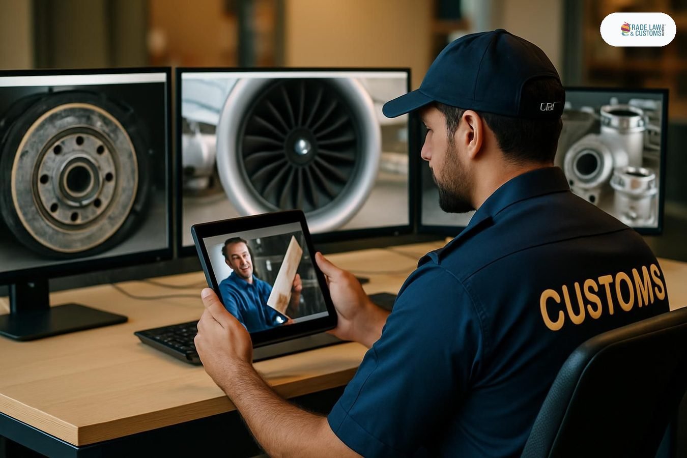 Oficial de Dubai Customs inspecciona refacciones aeronáuticas en tiempo real mediante plataforma de inspección visual remota en terminal de carga aeroportuaria.
