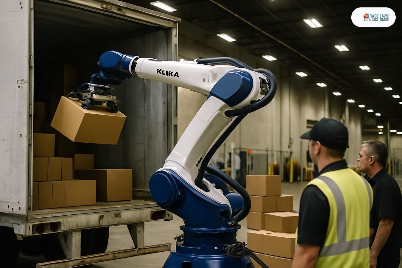 Robot industrial KUKA descarga cajas de forma autónoma desde el interior de un semirremolque en un centro de distribución logístico en California.