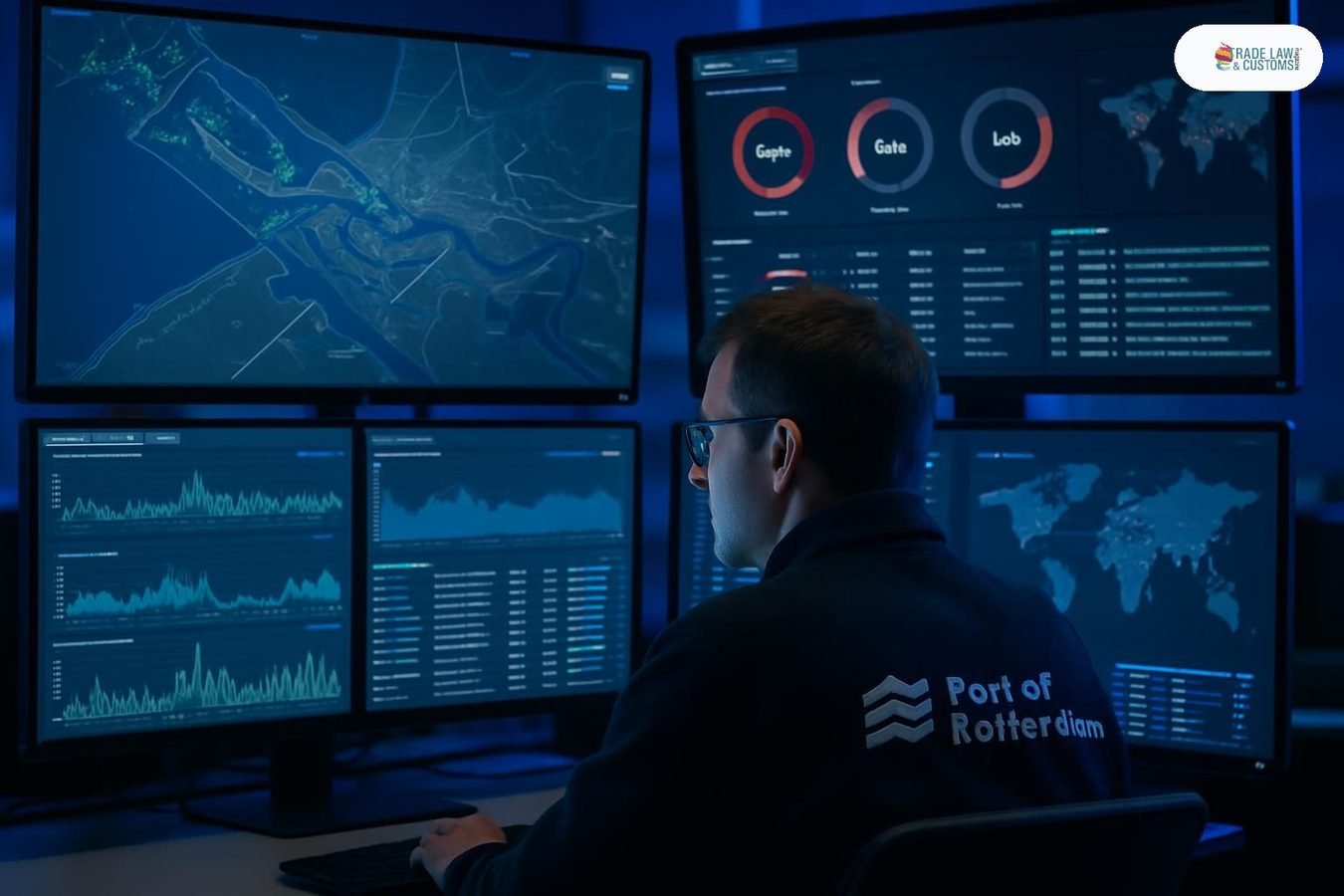 Analista de ciberseguridad monitorea sistemas de control portuario en la sala de operaciones del Puerto de Róterdam bajo el nuevo marco legal neerlandés.
