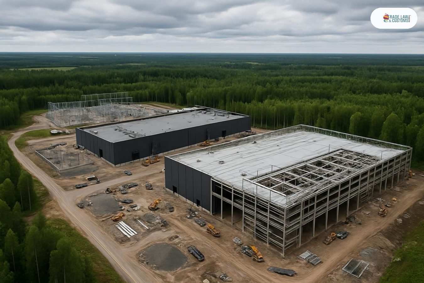 Vista aérea del campus de centros de datos de IA de Pure DC en construcción en Seinäjoki, Finlandia, rodeado de bosque nórdico.
