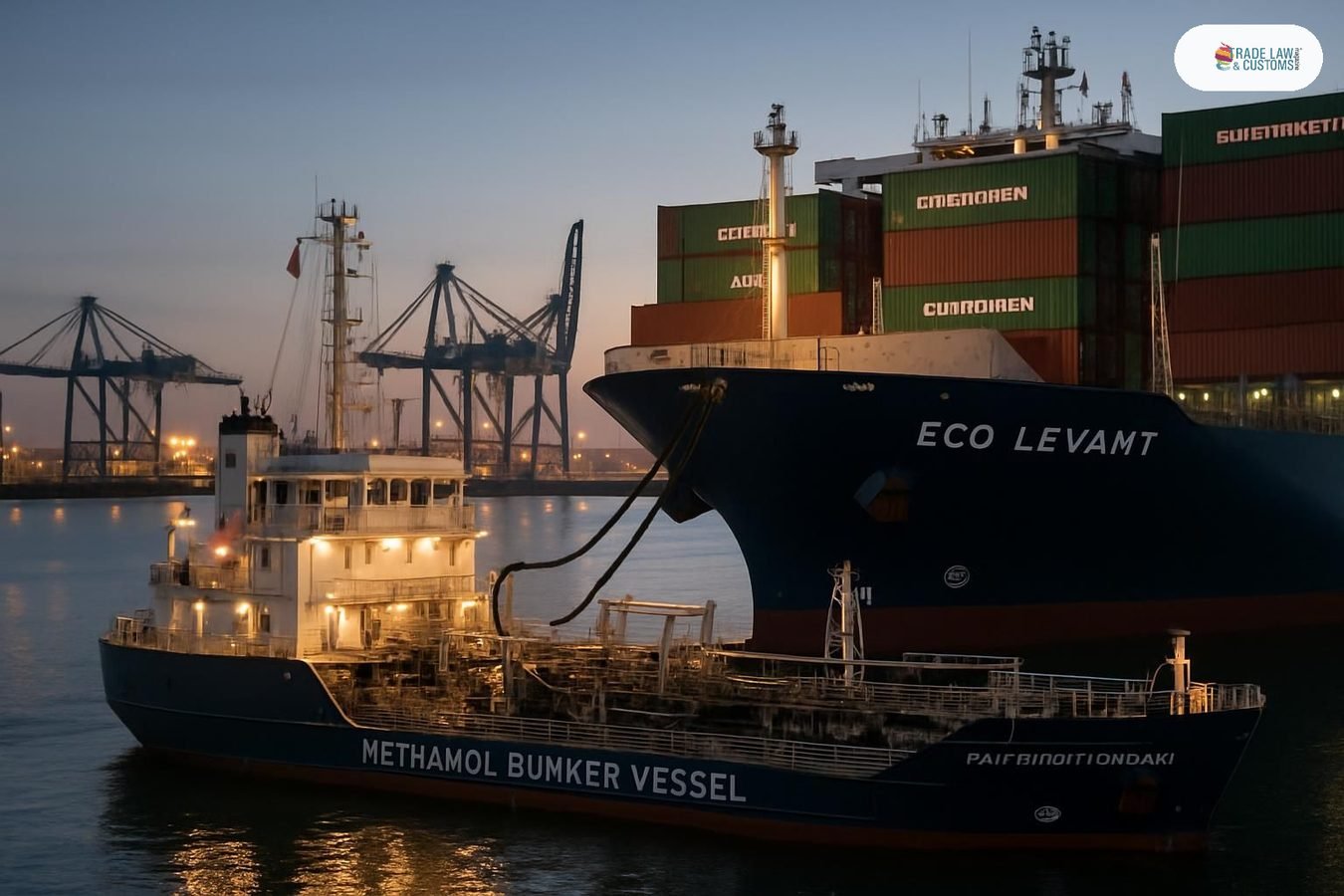 Buque bunker suministra mezcla de etanol y metanol al portacontenedor Eco Levant de X-Press Feeders en el muelle del Puerto de Róterdam al atardecer.