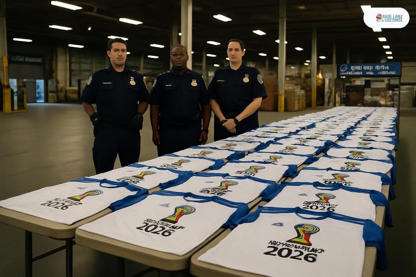 Oficiales de la CBP exhiben cientos de jerseys de fútbol falsificados del Mundial 2026 decomisados en el aeropuerto de Houston, incluyendo playeras de la selección argentina.