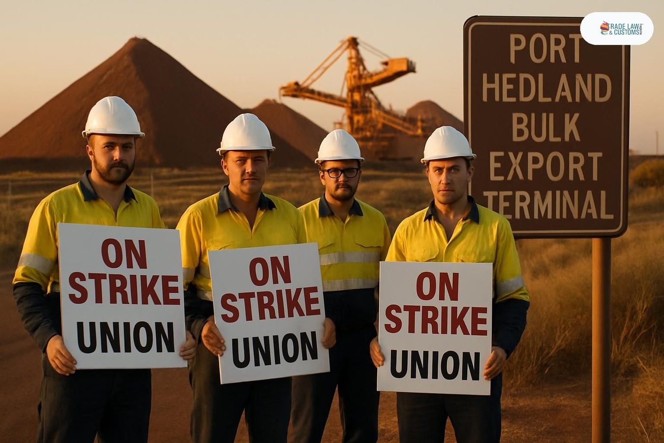 Trabajadores portuarios con chalecos de seguridad sostienen carteles de huelga en la entrada de la Terminal de Exportación a Granel de Port Hedland al amanecer.
