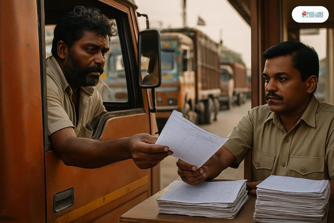 Funcionario de aduana interna en India revisa documentos de transporte en puesto de verificación de mercancías