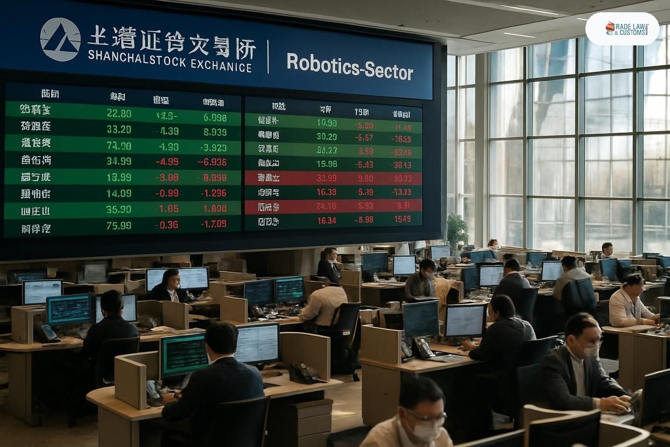 Piso de operaciones del mercado STAR de la Bolsa de Shanghái con pantallas digitales mostrando cotizaciones del sector robótico