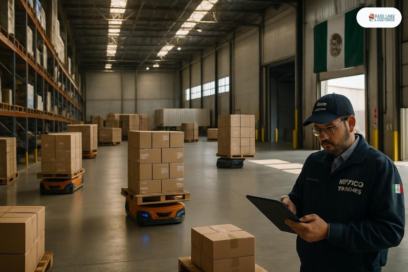 Robots de movilidad autónoma operando en almacén logístico en Monterrey, con oficial de cumplimiento revisando documentación.