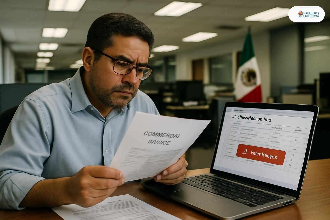Especialista en clasificación arancelaria revisando factura comercial junto a herramienta de IA con error marcado en pantalla.