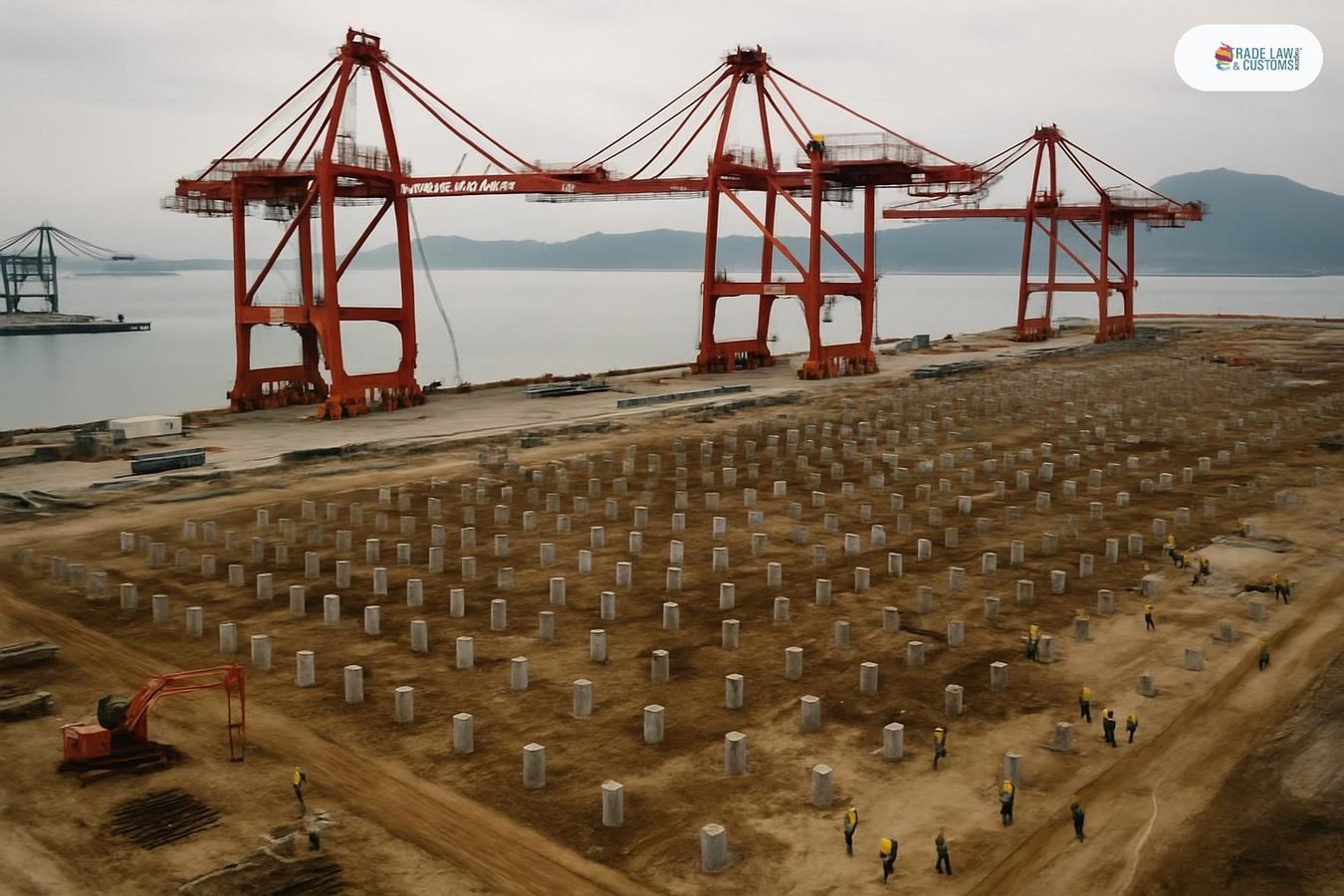 Vista aérea de las obras de inicio del banco de pruebas de automatización portuaria en el Puerto de Gwangyang, Corea del Sur.