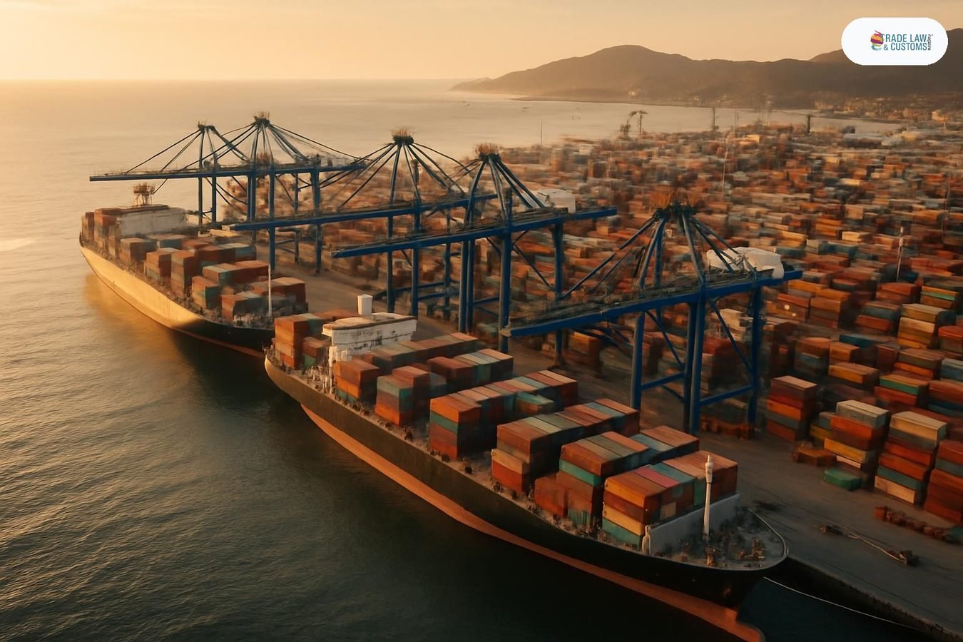 Vista aérea del Puerto de Manzanillo con grúas pórtico en operación y buques portacontenedores atracados al atardecer
