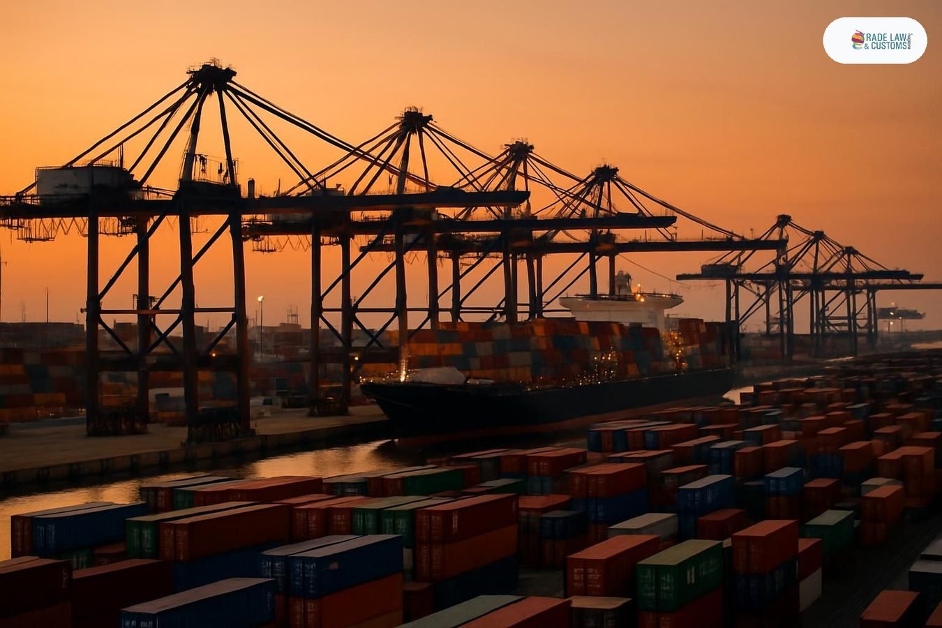 Terminal de contenedores al atardecer con grúas pórtico en operación y buque portacontenedores atracado