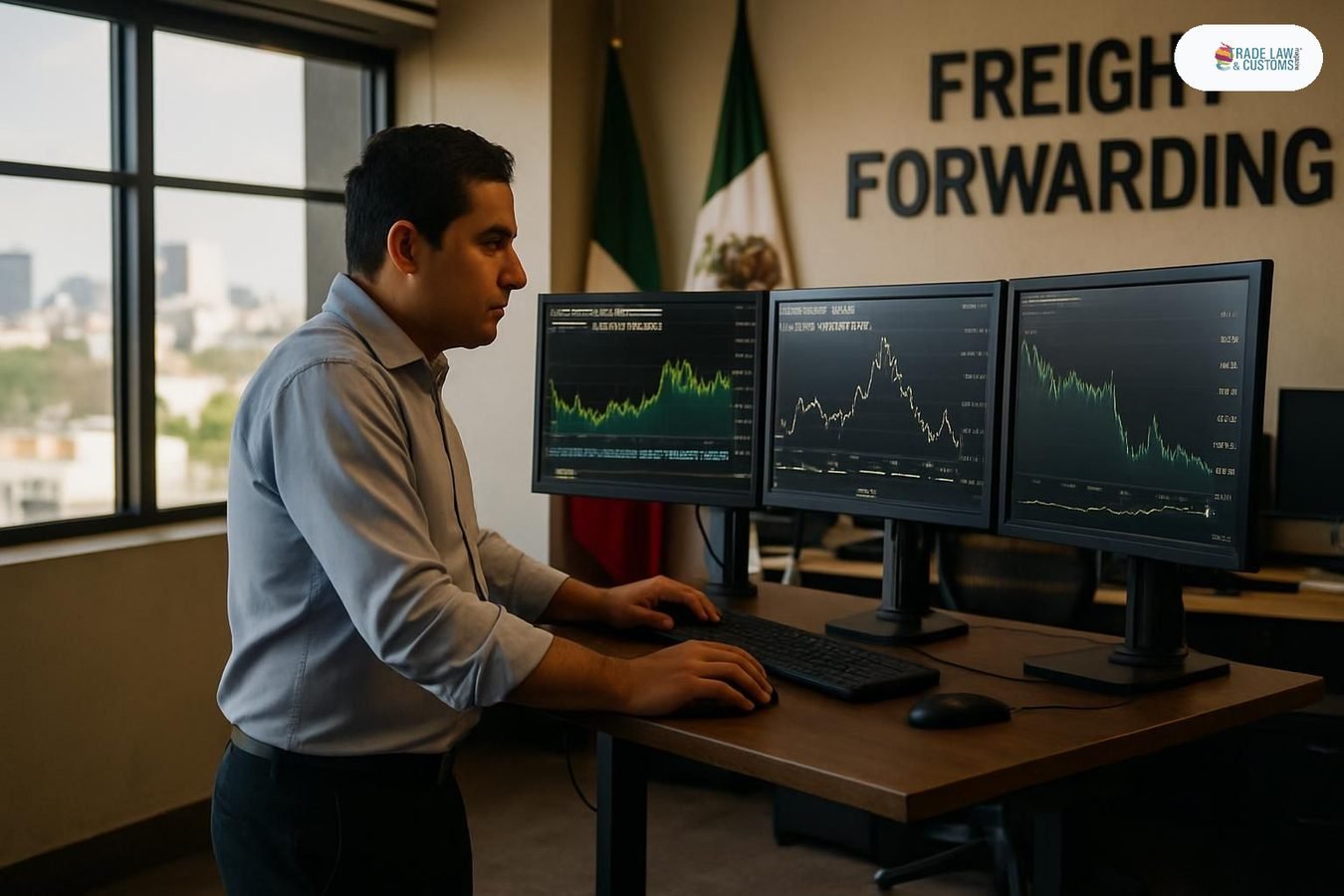 Analista de comercio exterior revisando índices de fletes marítimos y aéreos en pantallas de oficina en Ciudad de México.