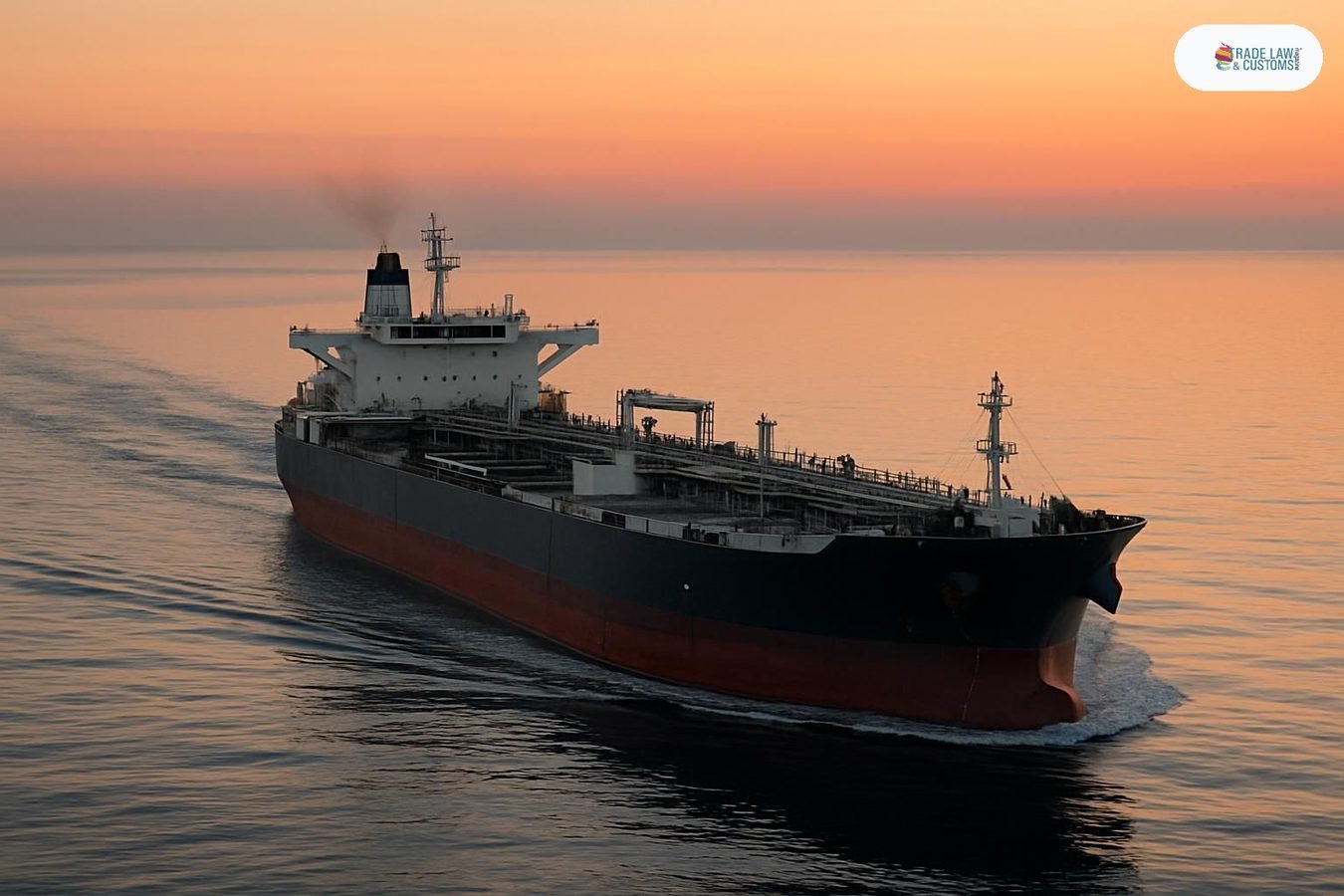Buque tanque petrolero navegando en el Mar Rojo norte al amanecer con horizonte naranja al fondo