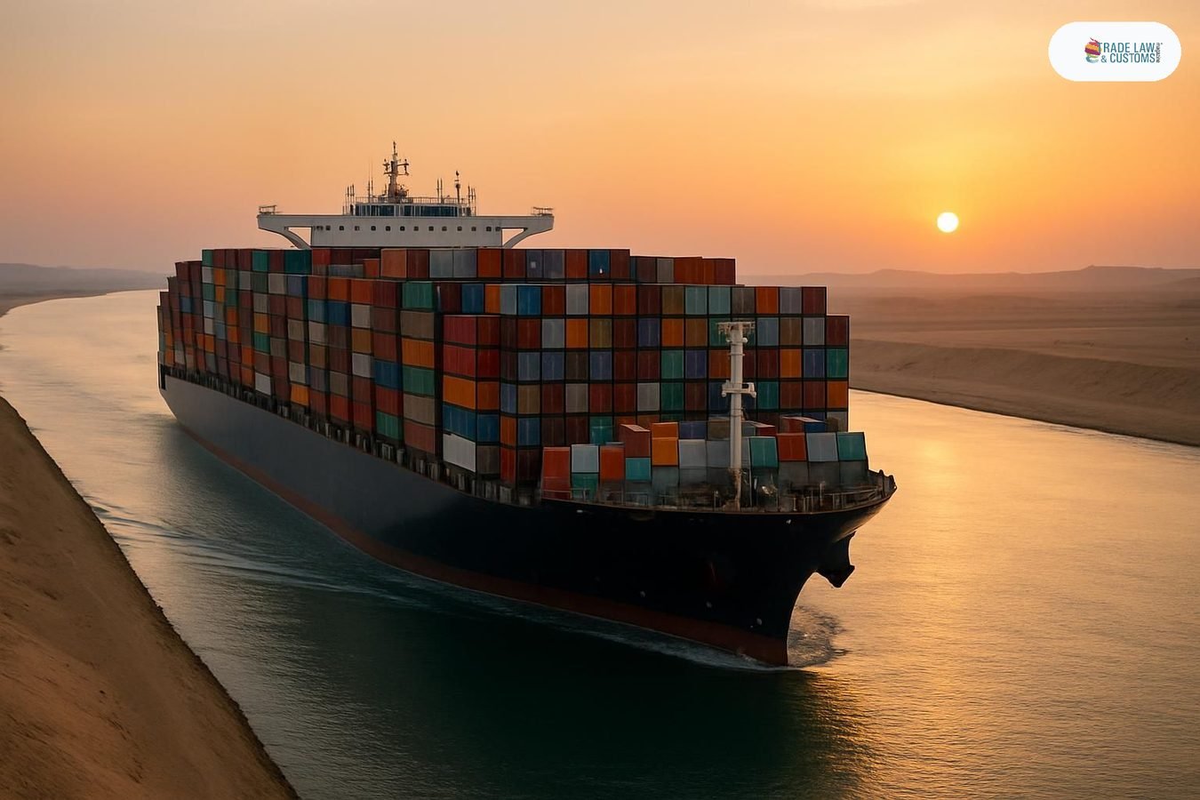 Portacontenedores en tránsito por el Canal de Suez al amanecer, con ambas riberas del canal visibles al fondo.