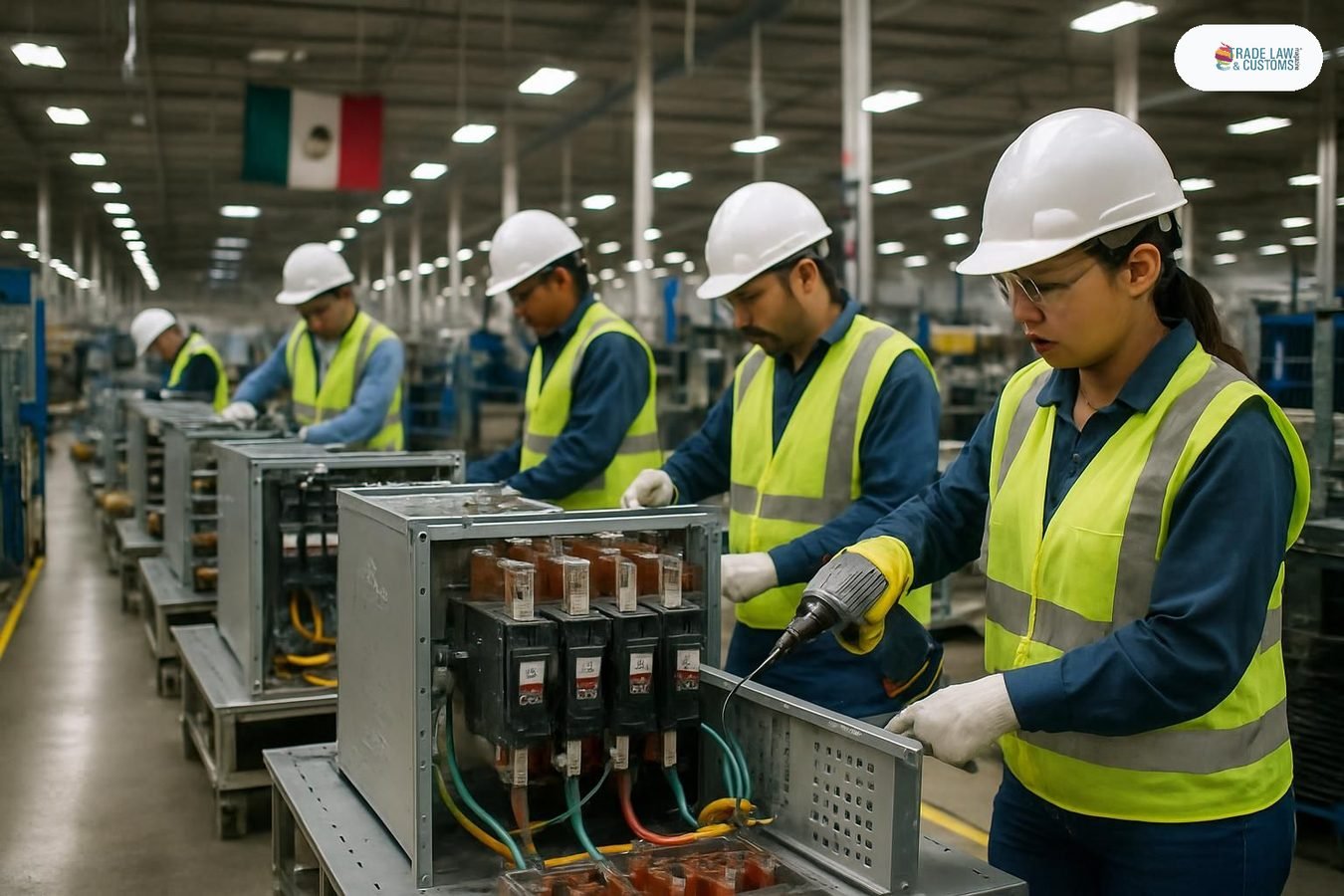 Trabajadores ensamblando sistemas de distribución eléctrica para centros de datos en planta manufacturera en Reynosa, Tamaulipas