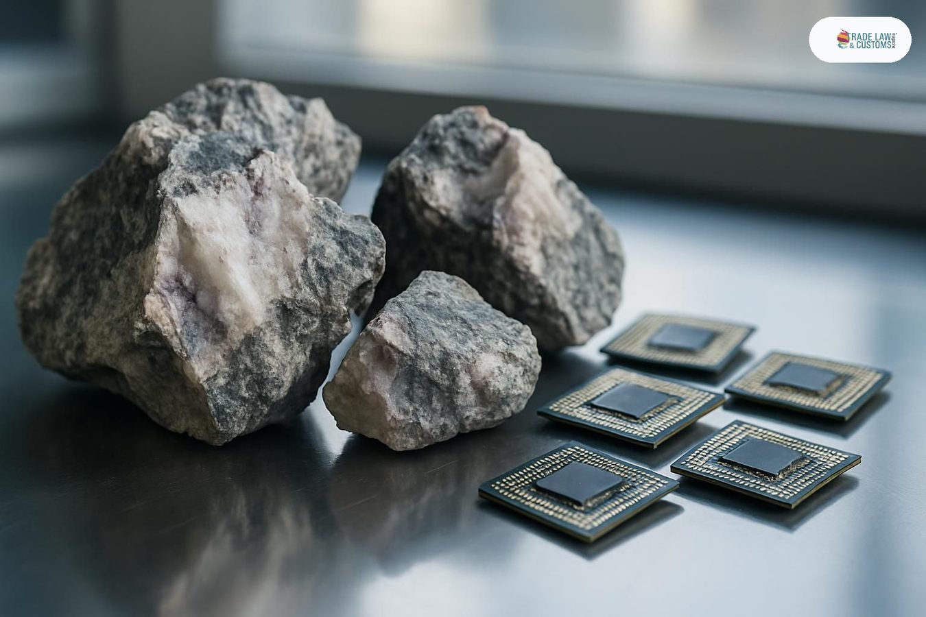 Muestras de mineral de litio y chips semiconductores sobre superficie reflectante en laboratorio con luz natural