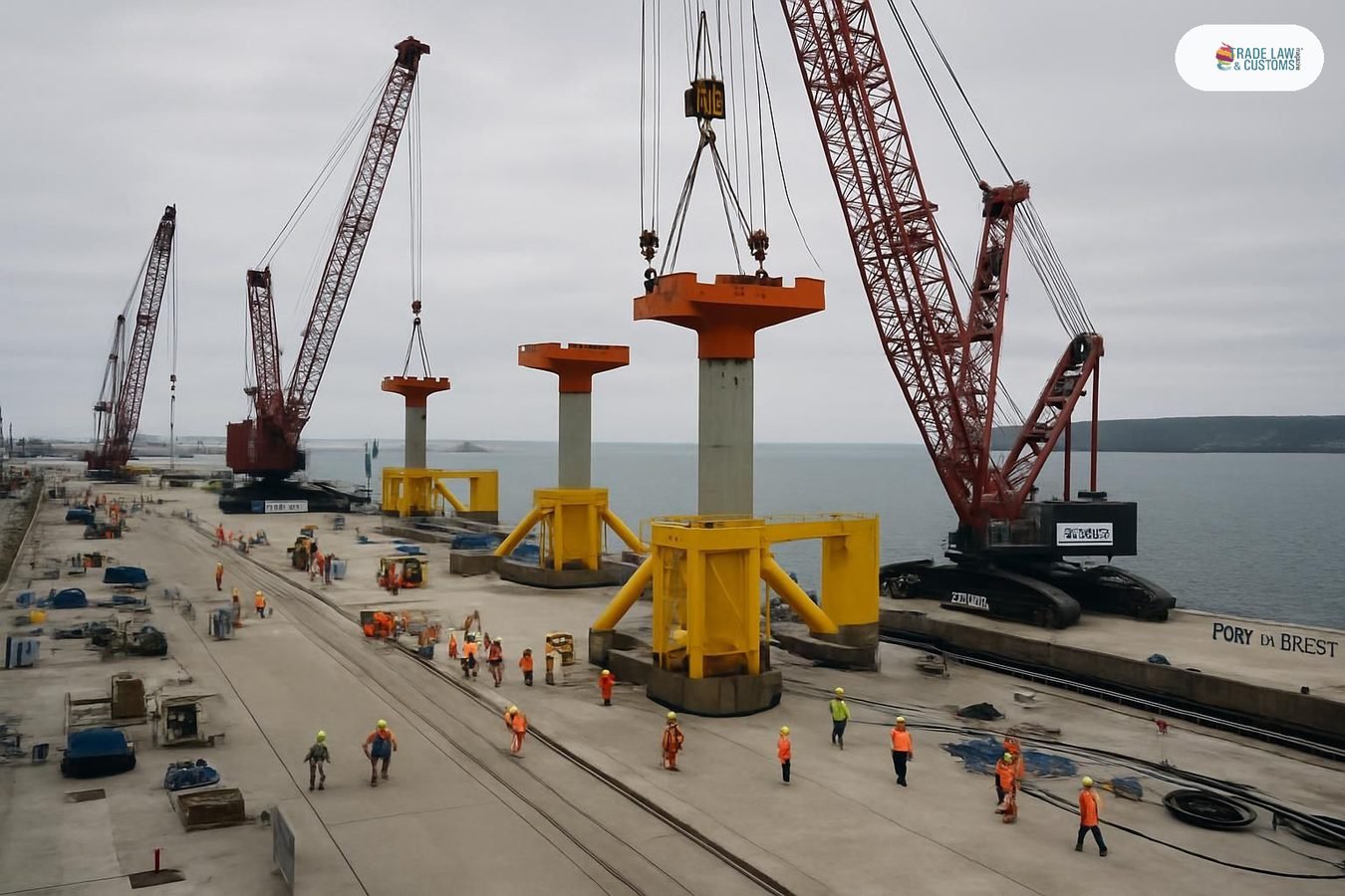 Muelle del Puerto de Brest, Francia, con grúas de gran capacidad y trabajadores ensamblando componentes de aerogenerador flotante.