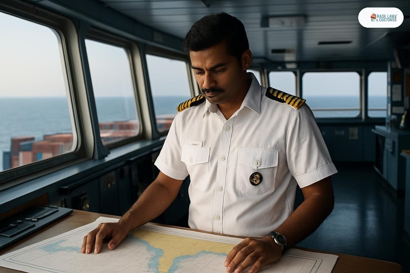 Oficial marítimo indio de uniforme blanco en el puente de mando de un portacontenedores, revisando cartas de navegación.