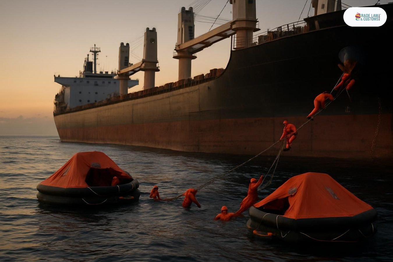 Marinos con trajes de supervivencia naranja siendo rescatados en el Pacífico oriental al costado de un buque granelero al atardecer