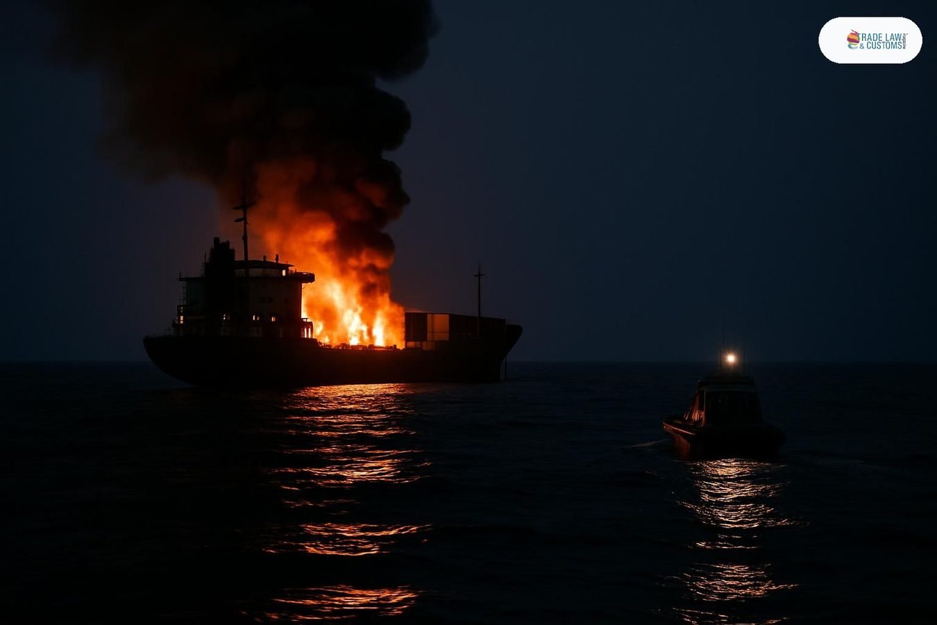 Granelero en llamas a la deriva en el Mar Negro de noche, con embarcación de rescate aproximándose.