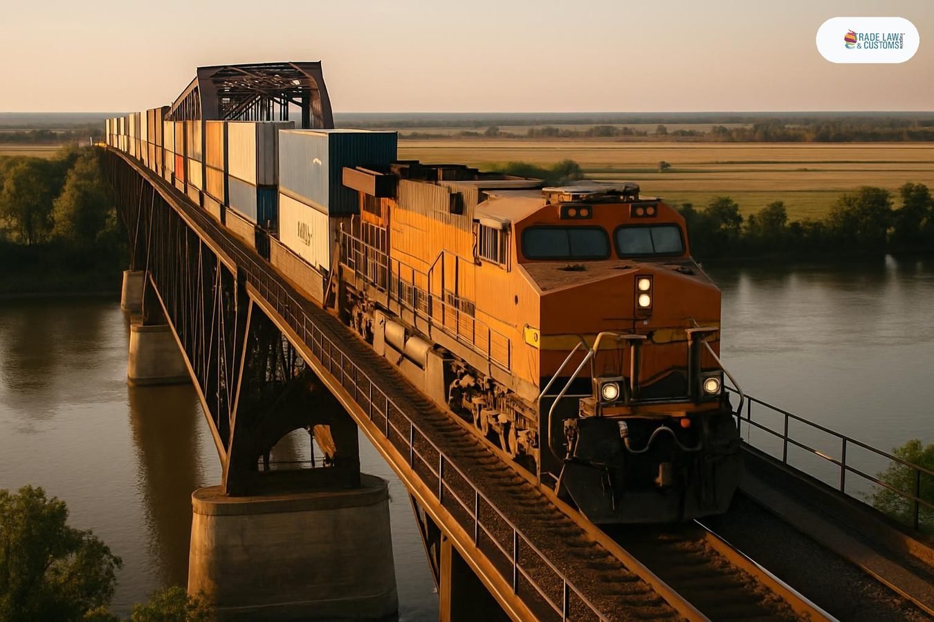 Tren intermodal de doble estiba cruza puente ferroviario en el Medio Oeste de EE.UU. al atardecer