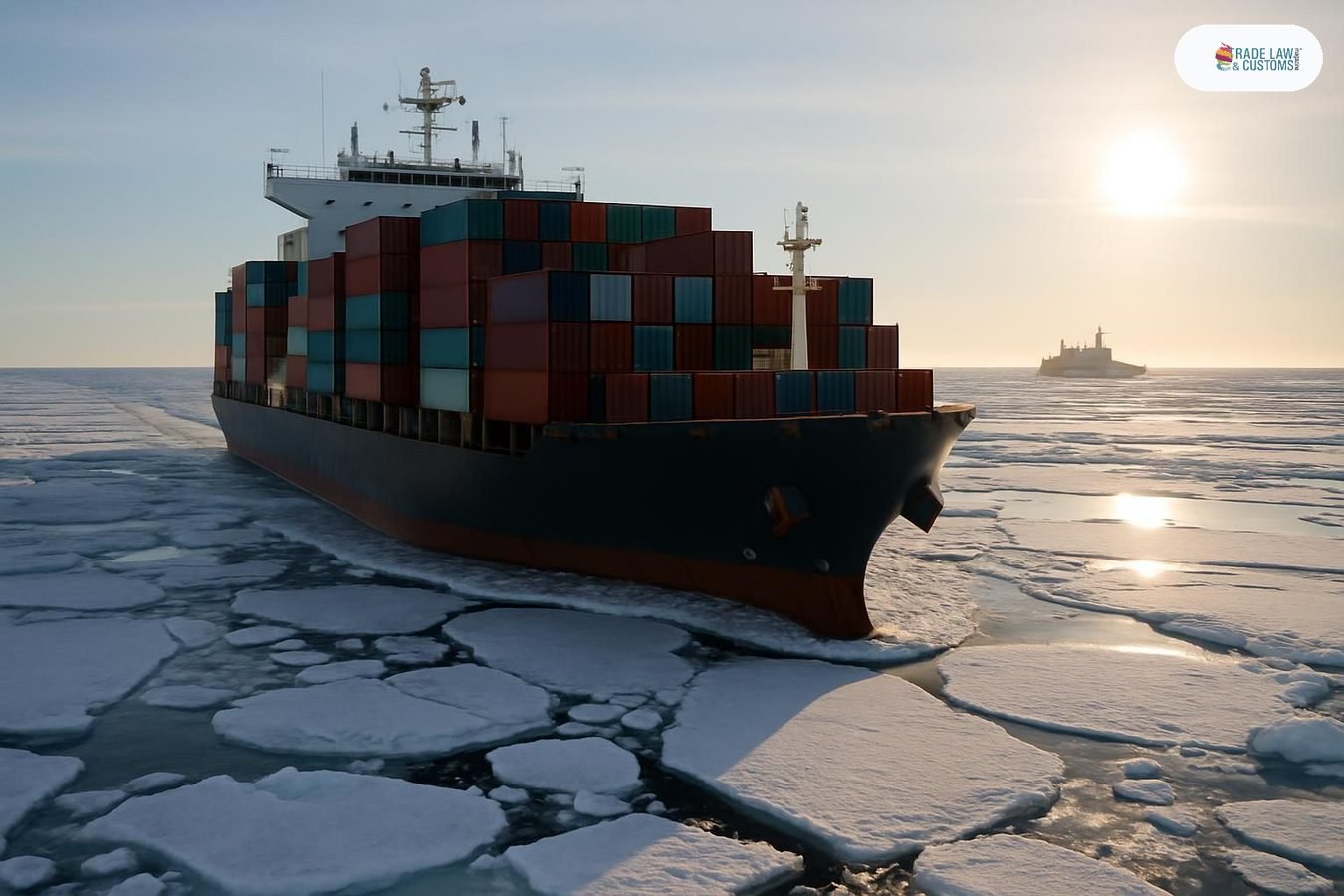 Portacontenedores navega entre bloques de hielo en la Ruta Marítima del Norte en el Ártico durante verano de 2026