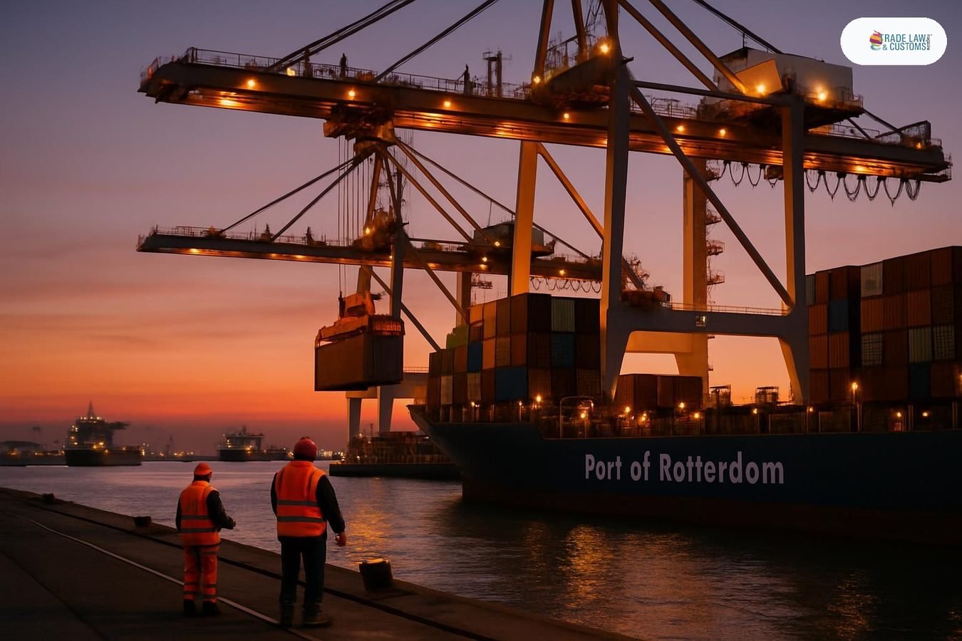 Contenedores se cargan en buque portacontenedores en el Puerto de Róterdam al atardecer con grúas pórtico iluminadas