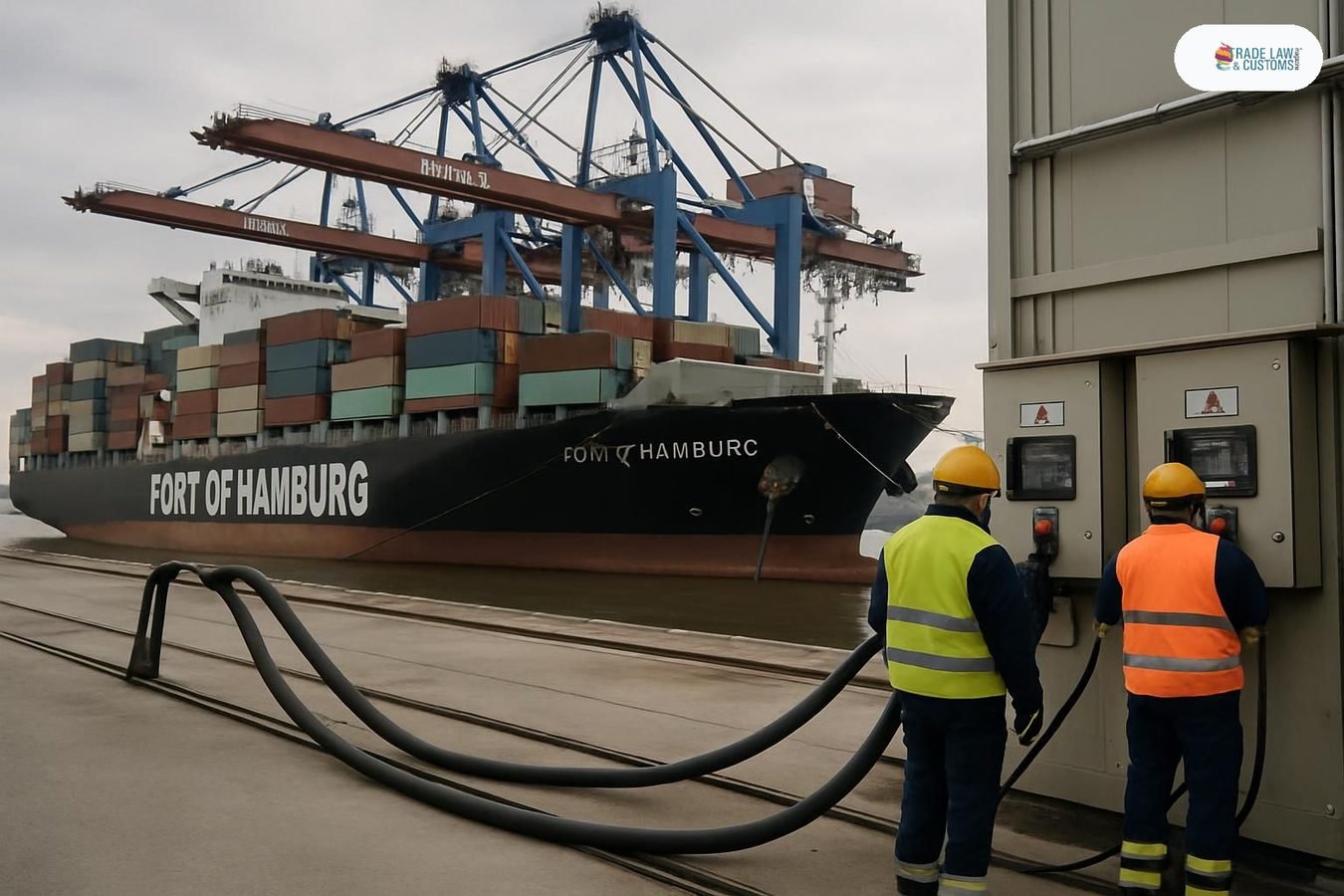 Buque portacontenedores recibe energía de tierra en muelle del Puerto de Hamburgo bajo conexión de corriente de orilla