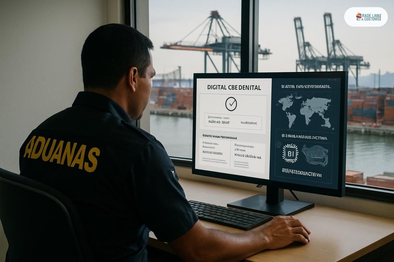 Funcionario aduanal revisa plataforma digital de credencialización de cadena de suministro de IA en oficina portuaria de Panamá