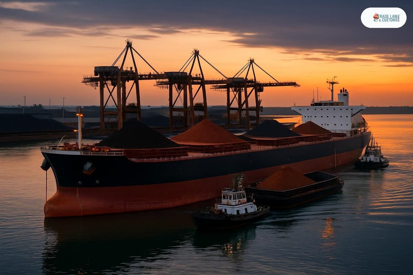 Granelero Capesize cargado de mineral de hierro en terminal portuaria al atardecer