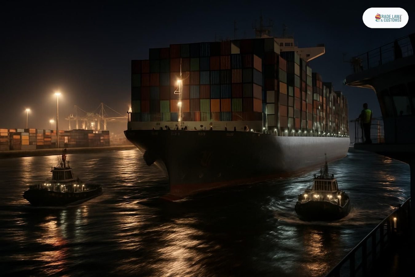 Buque portacontenedores llega de noche a terminal portuaria con asistencia de remolcadores