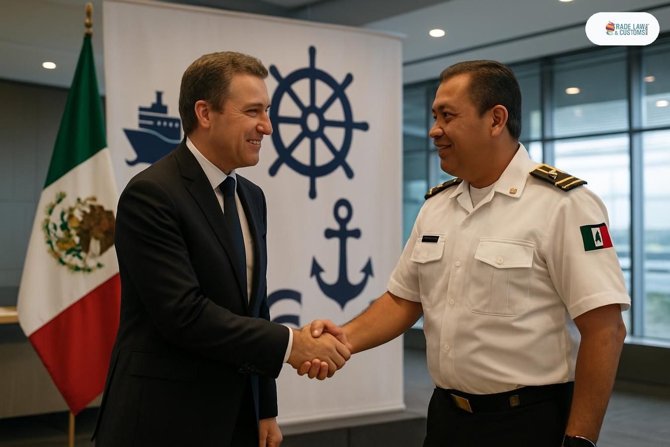 Agente naviero y funcionario de autoridad portuaria mexicana en ceremonia de aniversario gremial