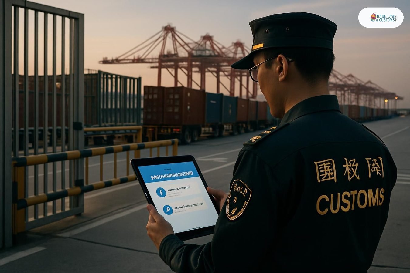 Oficial de la GACC revisa declaración digital en aduana del Puerto de Yangshan, Shanghái