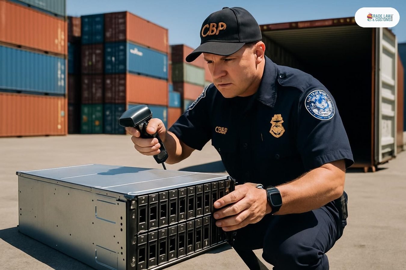 Inspector de CBP examina servidor de IA en instalación de revisión de carga en puerto de Los Ángeles