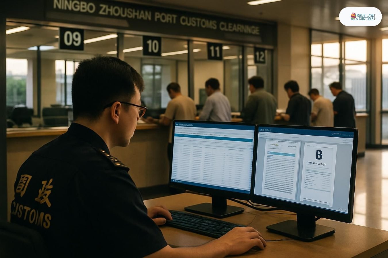 Funcionario aduanal revisa declaración en dos pasos en ventanilla del puerto de Ningbo-Zhoushan