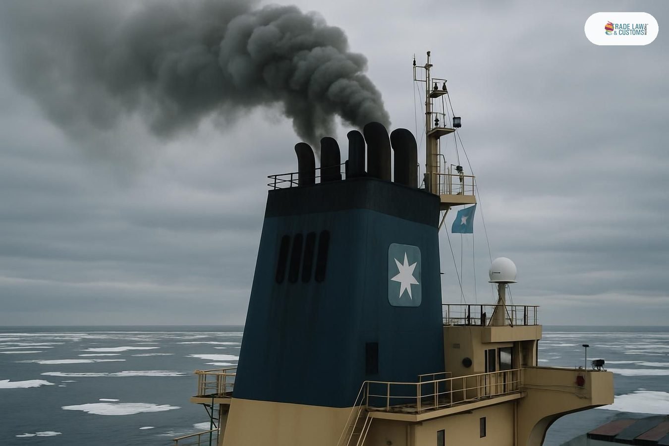 Chimenea de buque portacontenedores emite humo en la Ruta del Mar del Norte durante el verano ártico de 2026