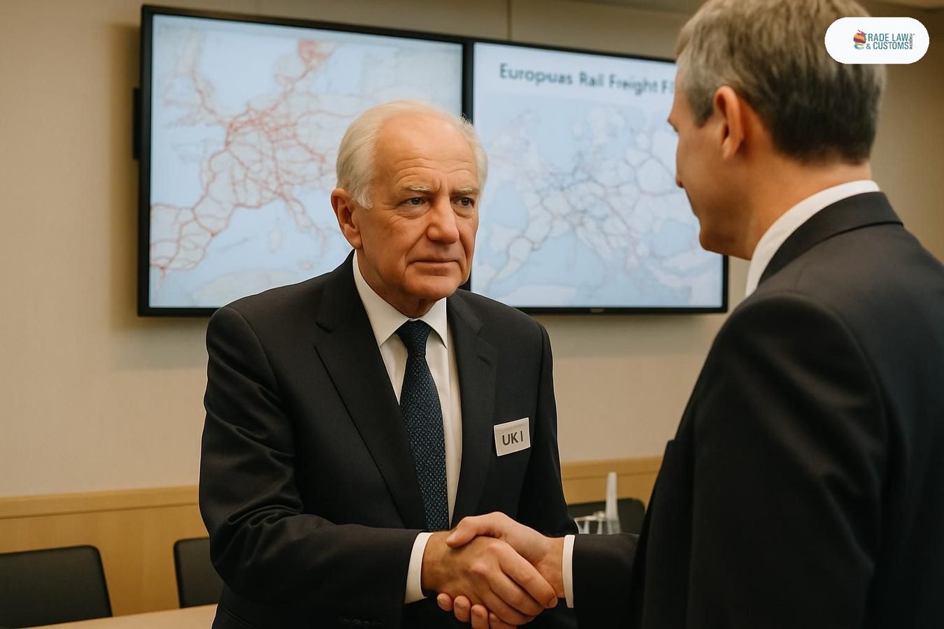 Directivo ferroviario en reunión de la Unión Internacional de Ferrocarriles con mapa de corredores europeos al fondo