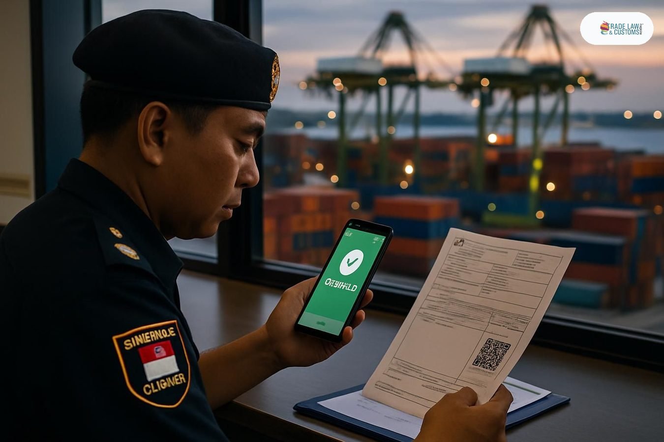 Oficial aduanal verifica pasaporte digital de producto en terminal portuaria de contenedores.