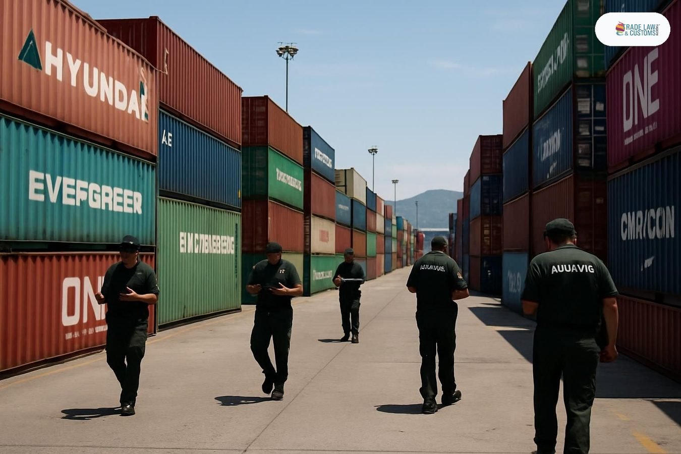 Inspección aduanera en la Aduana de Manzanillo, México, con contenedores y oficiales de la ANAM.