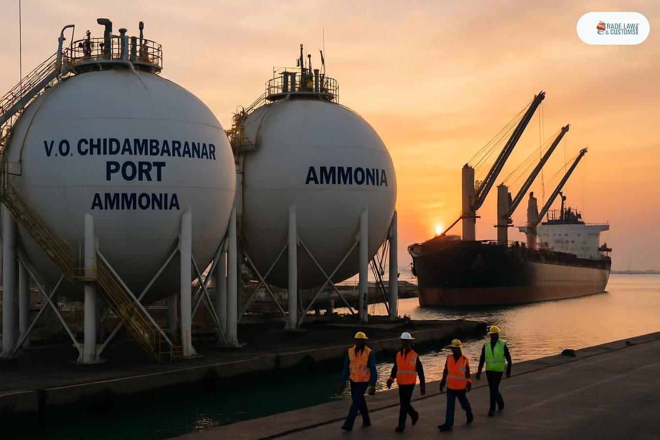 Puerto de Tuticorin, India, con tanques de almacenamiento industrial y buque atracado al amanecer.