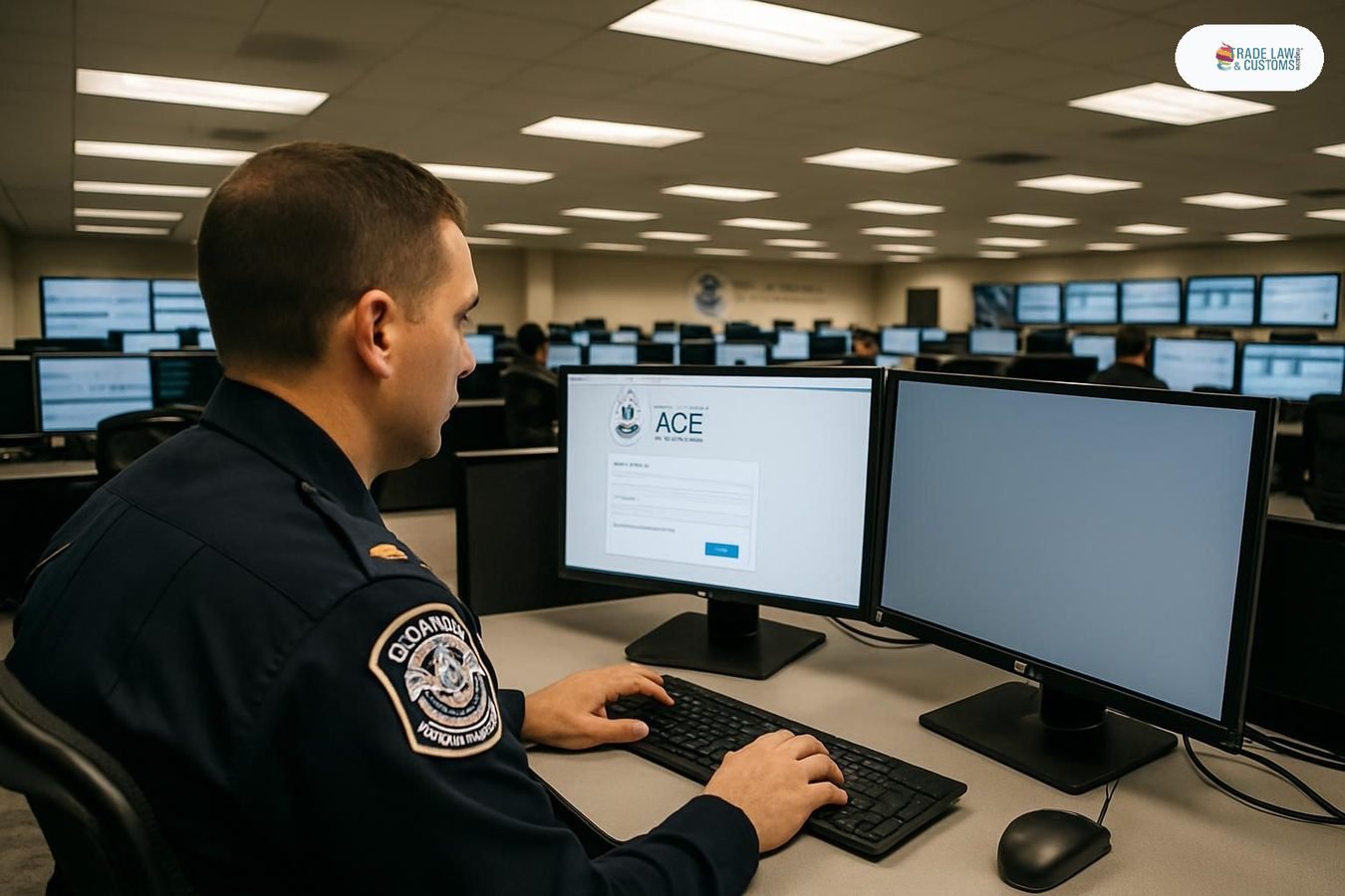Oficial de CBP ante pantalla del portal ACE con autenticación multifactor activada en centro de operaciones aduanales.