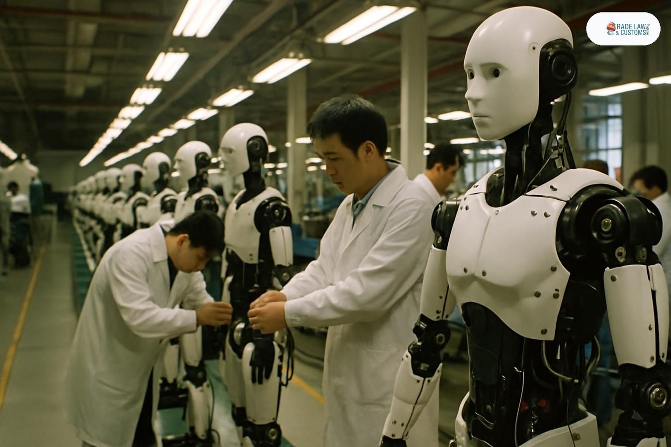 Línea de producción de robots humanoides en fábrica de Shanghái con técnicos realizando control de calidad.