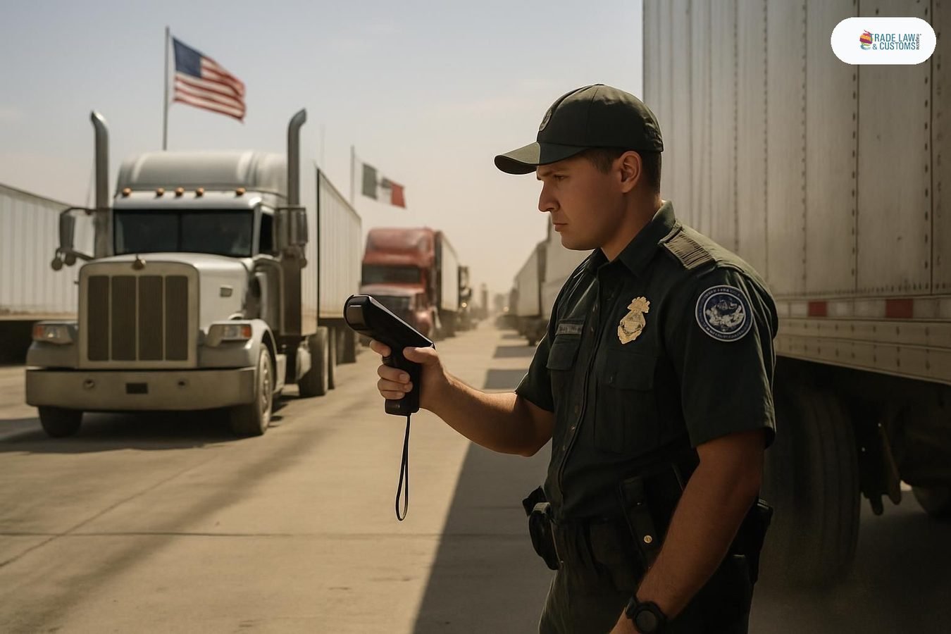Oficial de CBP inspeccionando camiones de carga en cruce fronterizo México-Estados Unidos en Laredo.