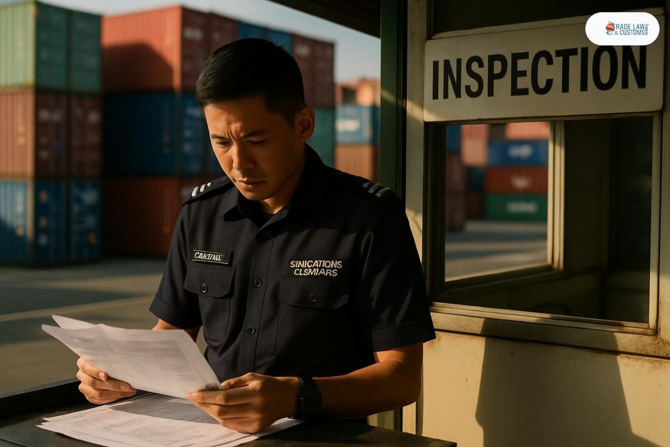 Oficial de Aduanas de Singapur revisando documentación de embarque en terminal portuaria.