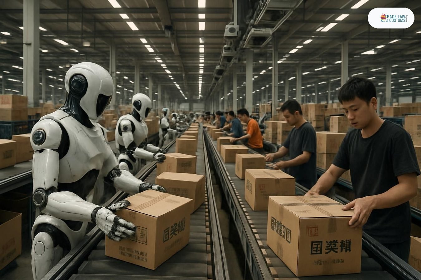 Robots humanoides chinos trabajando junto a operarios humanos en centro de distribución logística en Shenzhen.
