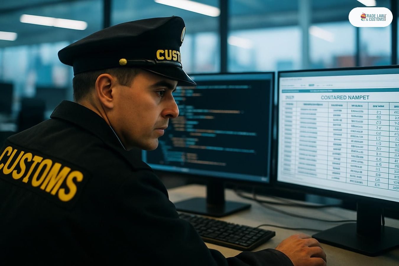 Funcionario aduanero revisa datos del Modelo de Datos de la OMA en terminal portuaria