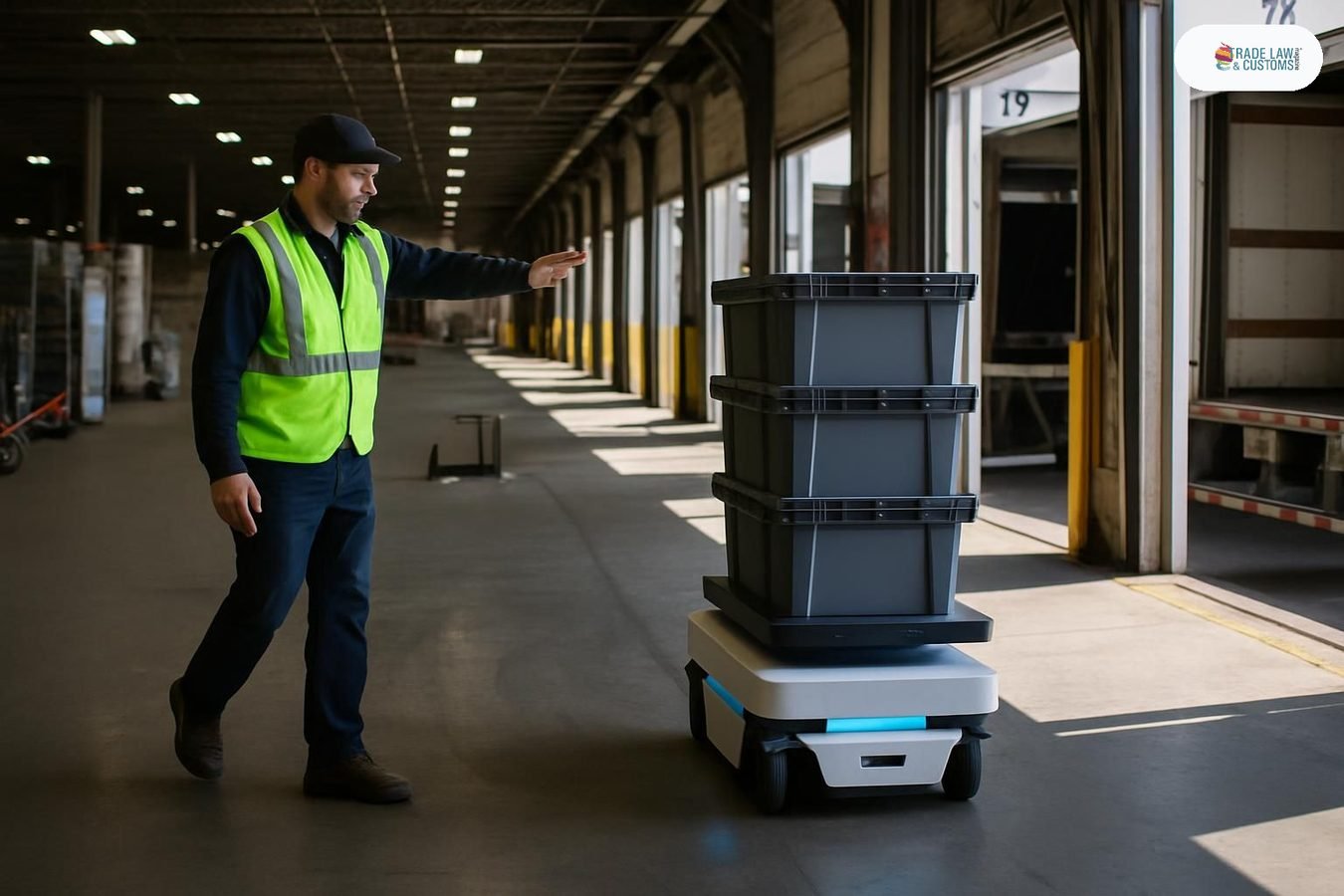 Trabajador logístico colabora con robot autónomo en operación de transload en centro de distribución