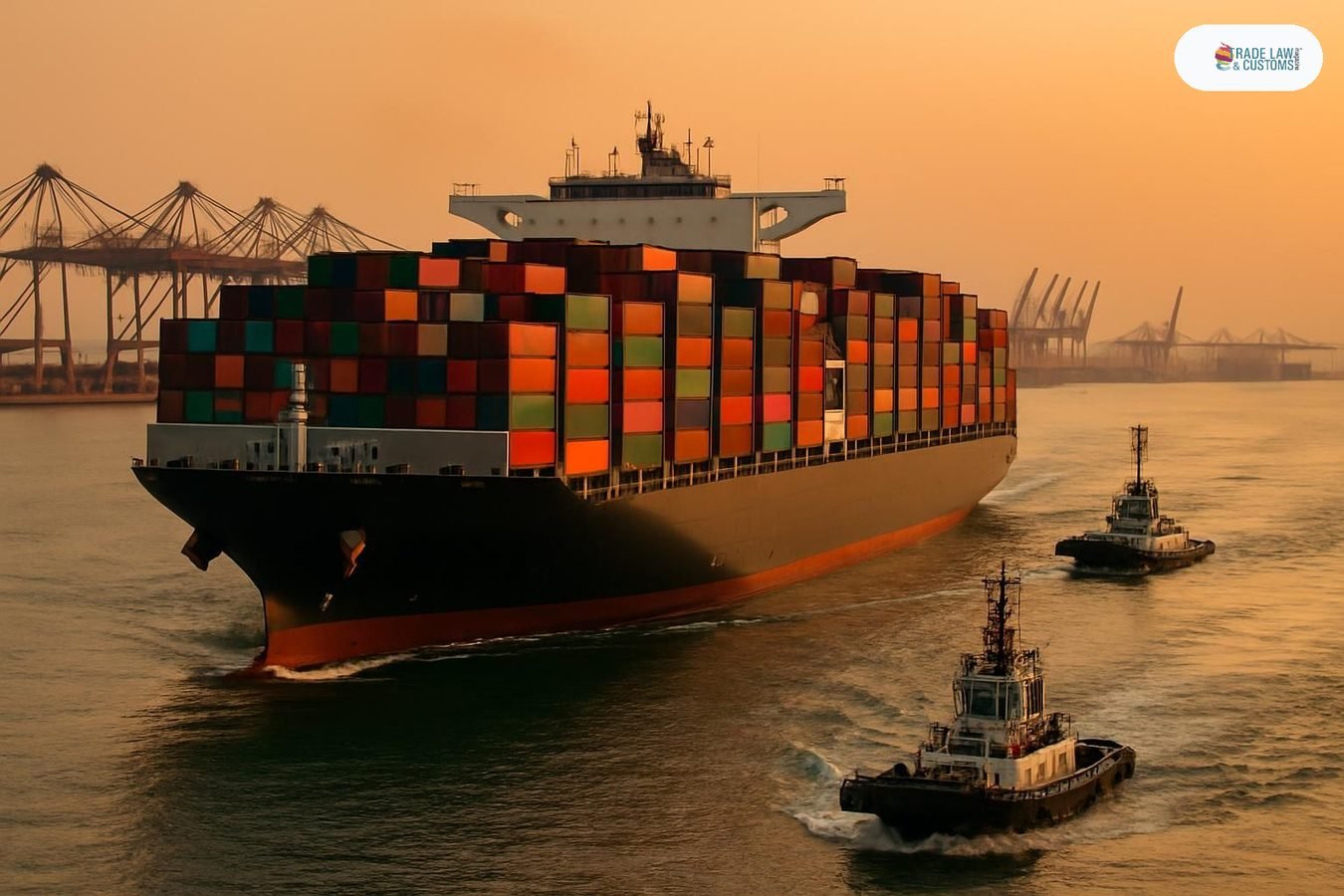 Buque portacontenedores zarpa de puerto asiático al atardecer con grúas al fondo