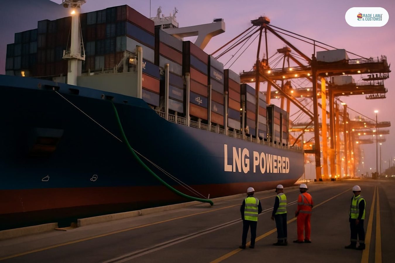 Buque portacontenedores recibe bunkering de combustible alternativo en terminal portuaria del Medio Oriente al atardecer